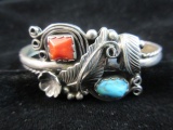 Native American Sterling Silver Coral and Turquoise Stone Cuff Bracelet