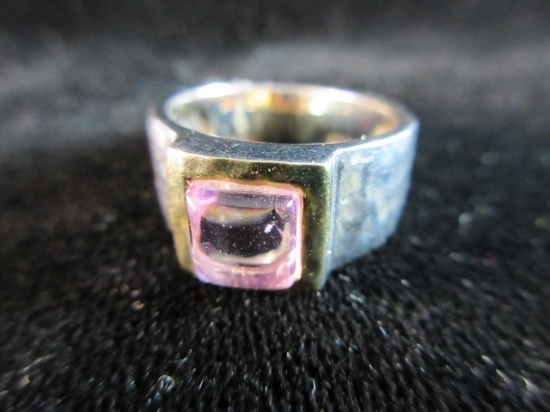 Pink Stone Sterling Silver Hammered Sides Ring