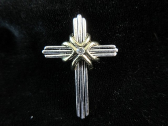 Silver and Gold Cross Pendant with Center Stone