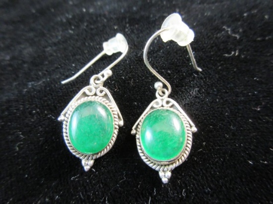 Vintage Natural Green Stone Sterling Silver Earrings