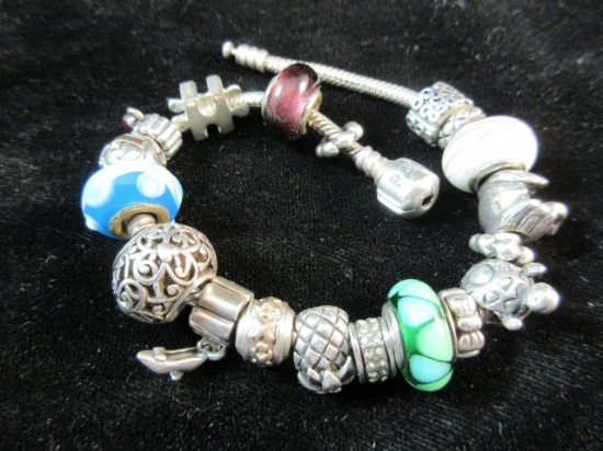 Genuine Pandora Bracelet With Many Slide Charms. All Sterling Silver