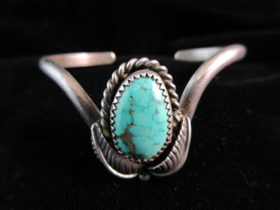 Turquoise Stone Sterling Silver Cuff Style Bracelet Signed CD