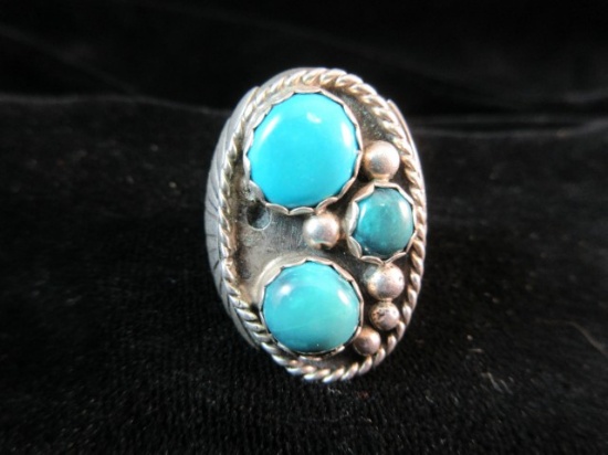 NP Signed Sterling Silver Native American Cast Turquoise Stone Ring