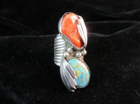 Old Pawn Sterling Silver Coral and Turquoise Stone Native American Ring