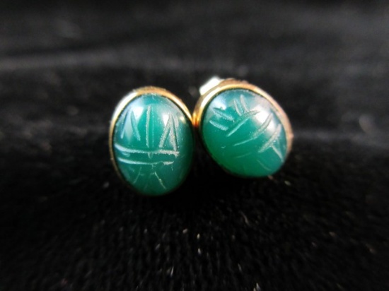 Vintage Gold Filled Scarab Green Stone Earrings