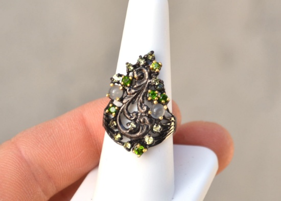 Moonstone, Peridot and Chrome Diopside Ring in Sterling Silver -- 6.42 Grams
