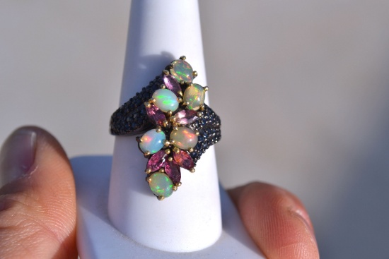Opal and Tourmaline Ring in Sterling Silver -- Size 9
