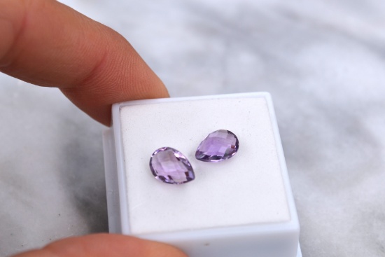 3.29 Carat Matched Pair of Pear Checkerboard Cut Amethyst