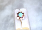 Turquoise & Garnet Ring in Sterling Silver -- Size 8.