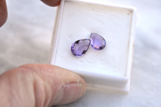 3.24 Carat Matched Pair of Pear Checkerboard Cut Amethyst