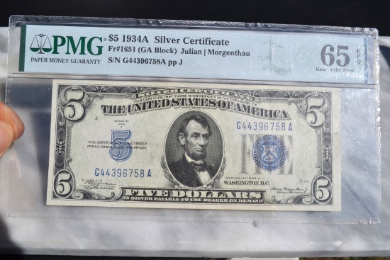 Lot 3 of 4, Sequential 1934-A $5 Silver Certificate Graded 65 PMG