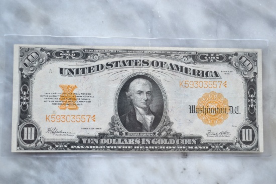 1922 $10 Gold Certificate -- High Grade