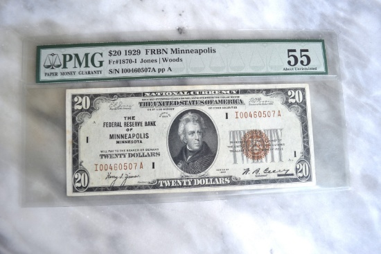1929 $20 Brown Seal Note, Minneapolis Graded 55 PMG