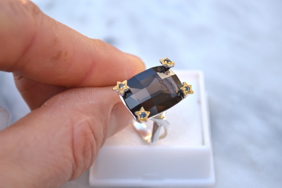 Smoky Quartz and Sapphire Ring in Sterling Silver