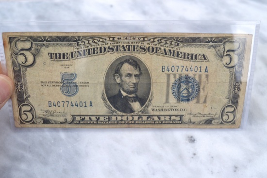 1934 $5 Silver Certificate Note