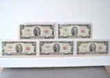 Set of 5 1953 and 1963 Red Seal $2 Bills