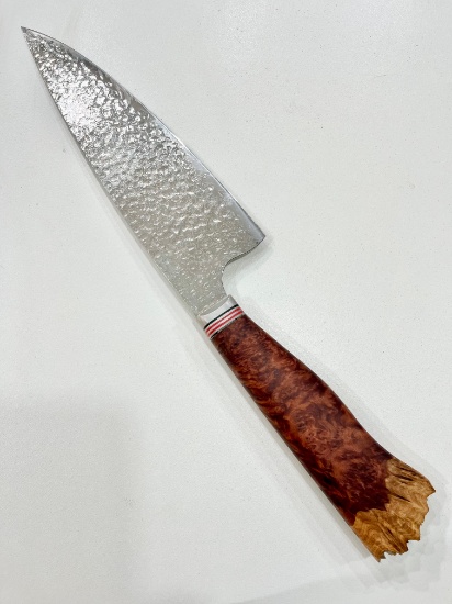 High End, Handmade, Professional Chef Knife with Live Edge Red Morrell Burl Handle
