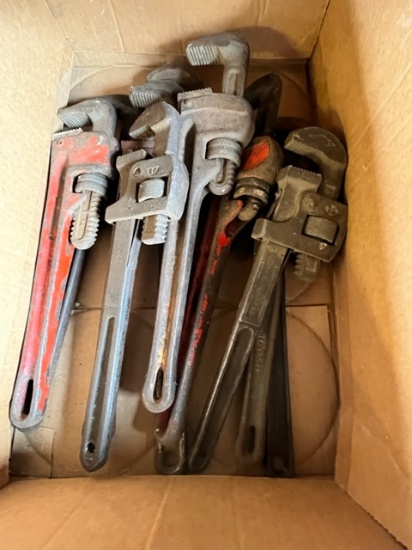 BOX OF VARIOUS PIPE WRENCHES