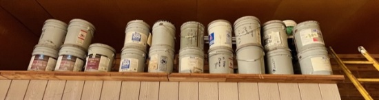 LOT OF (24) 5 GALLON BUCKETS OF EXTERIOR STAIN AND PAINT