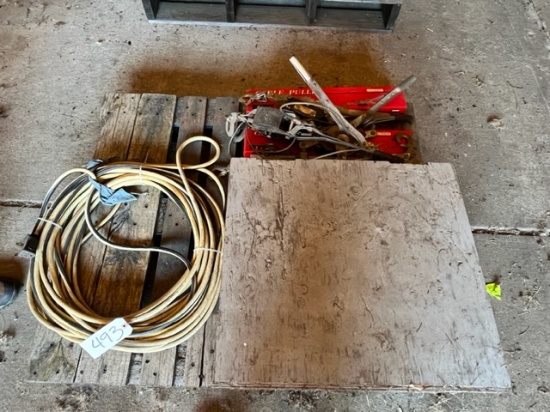 PALLET OF EXTENSION CORDS - COME ALONGS AND PIPE BENDER