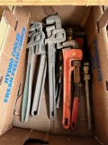 BOX OF VARIOUS PIPE WRENCHES