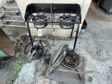 TWO BURNER PROPANE CAMP STOVE AND TWO PROPANE BURNERS