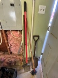 LOT OF GARDEN TOOLS - SCRAPER - (2) HOES - ROUND SHOVEL