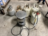 LOT OF VARIOUS PROPANE TANKS AND HEATER