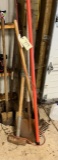 LOT WITH GARDEN TOOLS - SHOVELS - RACK - SLUG HAMMER - AXE