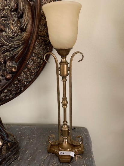 two gold rustic lamps, (Items Removed from Lot - rustic bronze statue of women with coins and