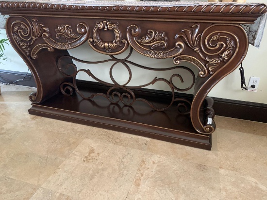 brown wooden cast iron hall table