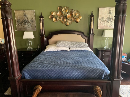 Queen size bed with 2 dressers, headboard, footboard, & two lamp stands. (No Mattress, No Bedding)