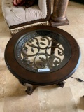 decorative round end table dark wood stain, cast iron with glass top