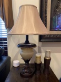 two rustic wood stain lamps and two light fixture candle holders