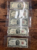 LOT OF (5) TWO DOLLAR BILL RED SEAL 1953-1963