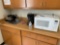 Kenmore Microwave, B&D Coffee Pot, Misc. Dishes w/Rack, Broken Stool, Trash Cans