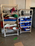 Shelves with Misc. Items of Foam, Net Fabric, Bins, Fan, Etc.