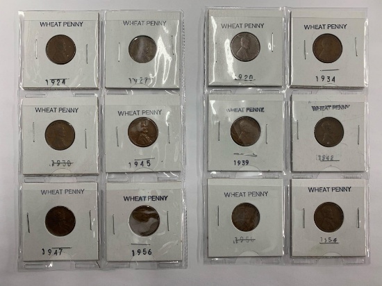 (2) sheets of 6 Wheat cents, 1924, 1927, 1930, 1945, 1947, 1956, 1920, 1934, 1939, 1942, 1956, 1954