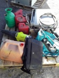 Pallet with Gas Tanks, Weed Sprayer, Blower, Misc.