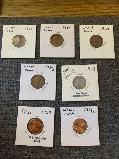 (5) wheat cents, 1920, 1927, 1929, 1934, 1958 (1) 1943 steel penny... (1) 1959 U.S Memorial cent...