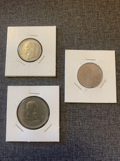 (3) foreign coins, Republica de venezuela coin, two estados unidos de Mexico coins