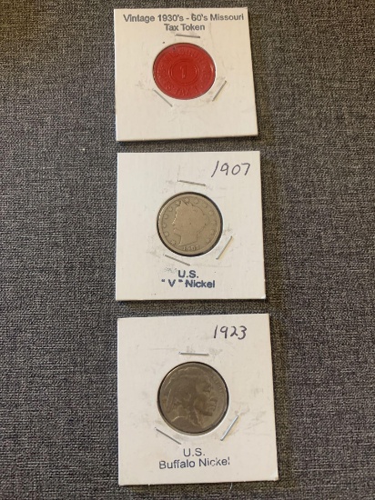 (3) coins, Vintage 1930's Missouri tax token, 1907 'V' nickel, 1923 buffalo nickel