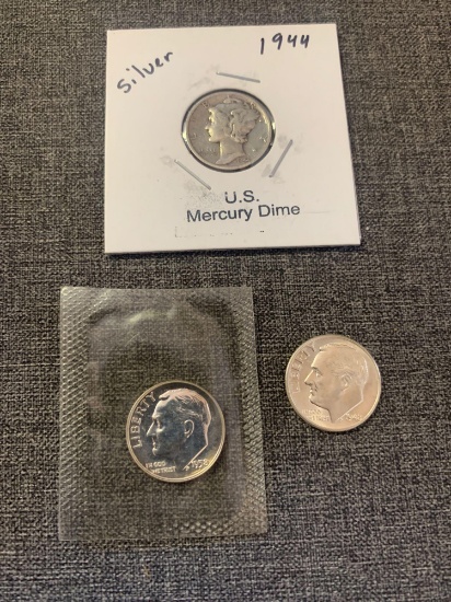 1944 U.S mercury dime, 1948 dime and 1958 dime