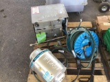 Pallet with Pressure Washer w/ spool of hose & waste disposer