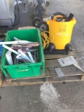 Pallet of Misc. Items - Mat Hardware, Vacuum, Cage Trap, Dolly Tires, Cables, Garden Containers