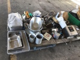 Pallet of Stainless Steel Pots, Pans, Deep Fryer Boxes & Controllers, Can Openers