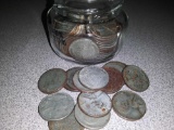 Small Glass Container w/ 61 Wheat Pennies