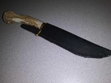 Antler Knife Steel Blade w/Black Leather Holster