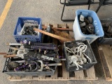 Pallet W/Bike Parts, Box W/Wheels,Hooks, pipe wrench, Hoist