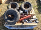 Pallet w/Tires, Grease Gun, Cylinders, Misc